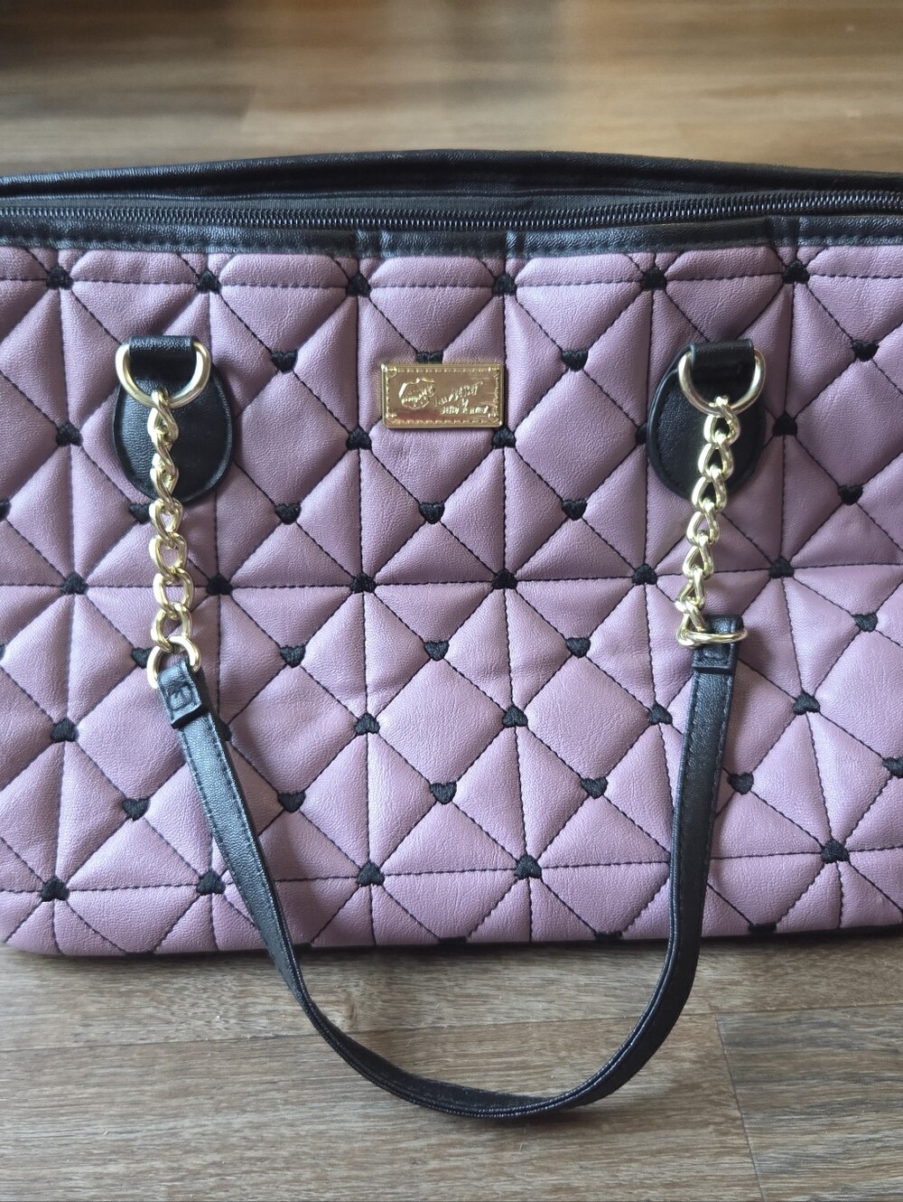 Luv Betsey by Betsey Johnson Black and Purple Quilted Tote Bag Purse - Picture 3 of 14